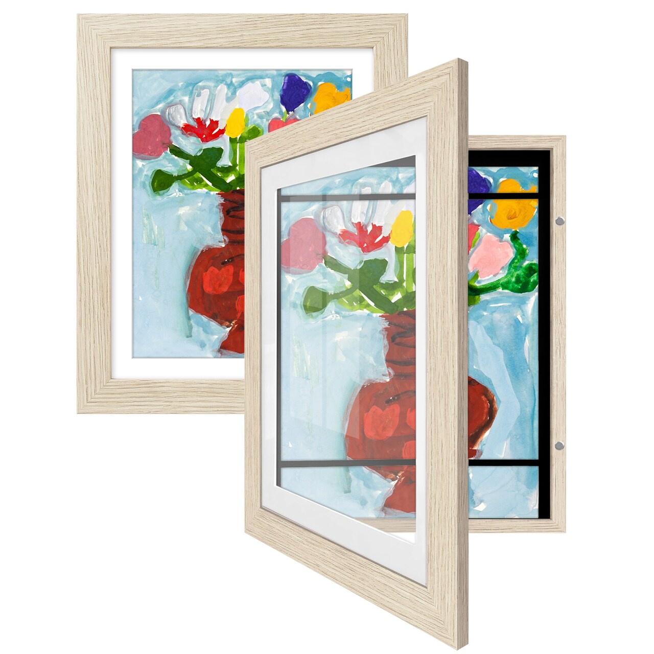 Americanflat 10x12.5 Kids Art Frame - Set of 2 - 8.5x11 with Mat or 10x12.5 without Mat - Kids Artwork Frame - Magnetic Frame Closure - Shatter Resistant Glass - Hanging Hardware